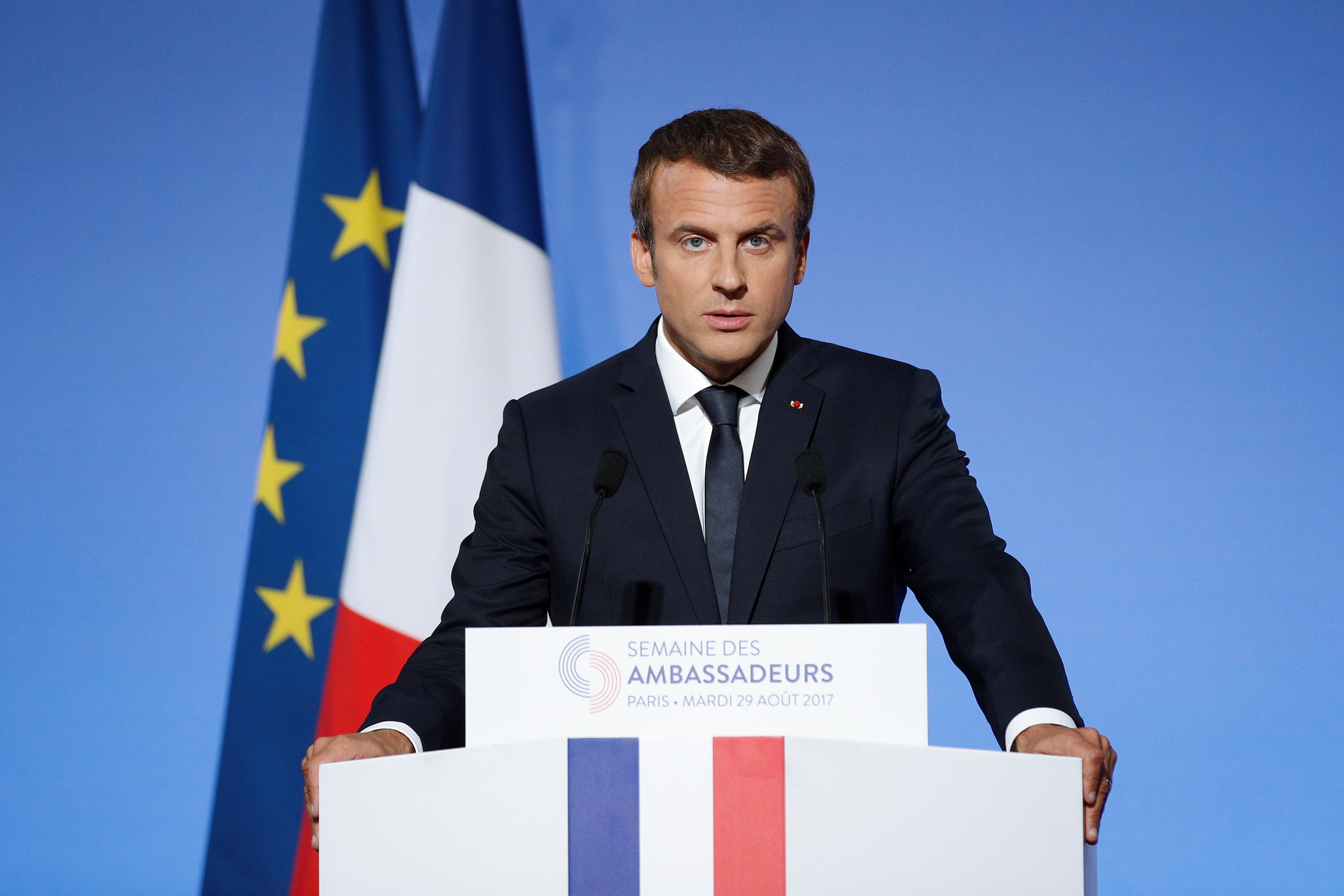 French President Emmanuel Macron addresses a speech during the annual gathering of French Ambassadors at the Elysee Palace in Paris