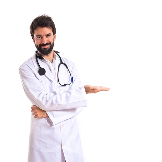 Doctor presenting something over isolated white background