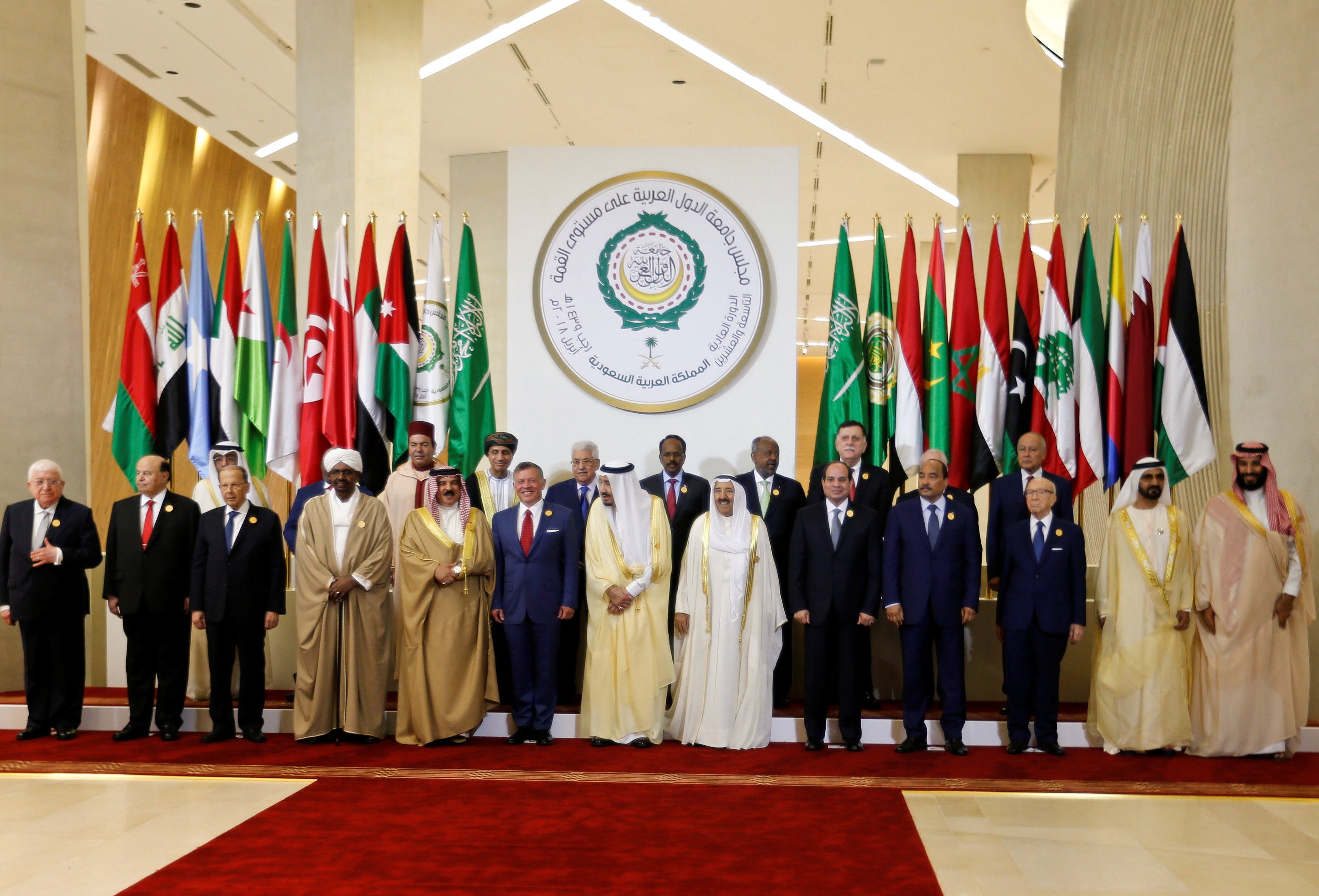 Arab leaders pose for the camera, ahead of the 29th Arab Summit in Dhahran, Saudi Arabia