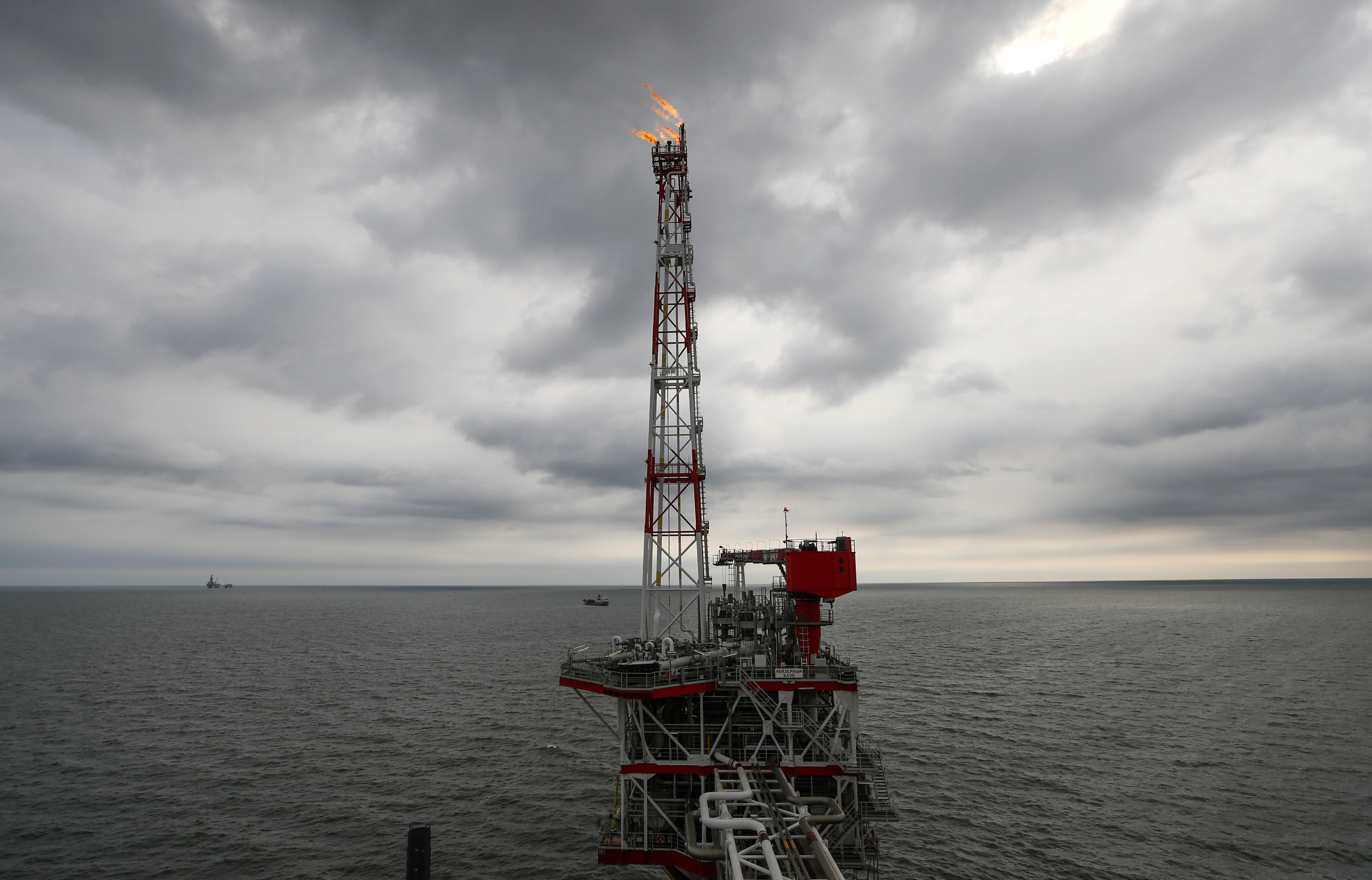 FILE PHOTO: A gas torch is seen at the Filanovskogo oil platform operated by Lukoil company in Caspian Sea