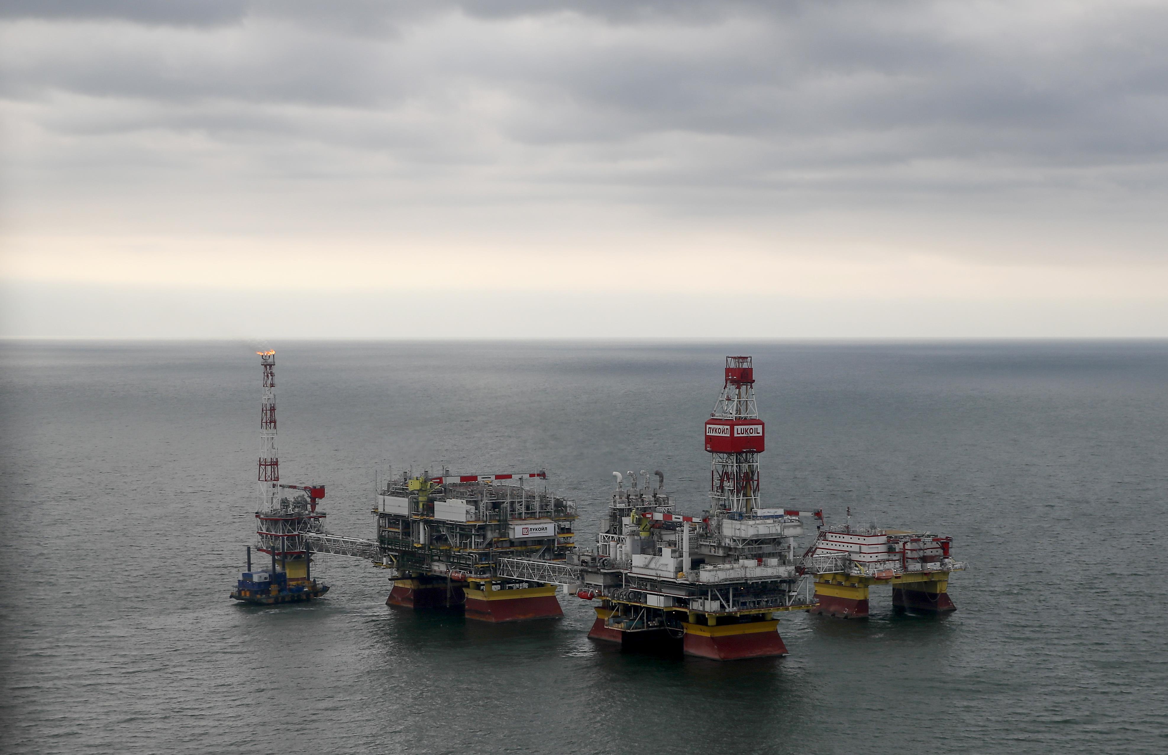 An oil platform operated by Lukoil company is seen at the Filanovskogo oil field in Caspian Sea