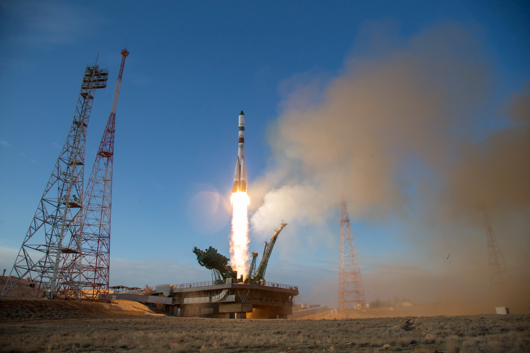The Soyuz-2.1a carrier rocket with the Progress MS-14 cargo spacecraft blasts off to the International Space Station (ISS) from the launchpad at the Baikonur Cosmodrome