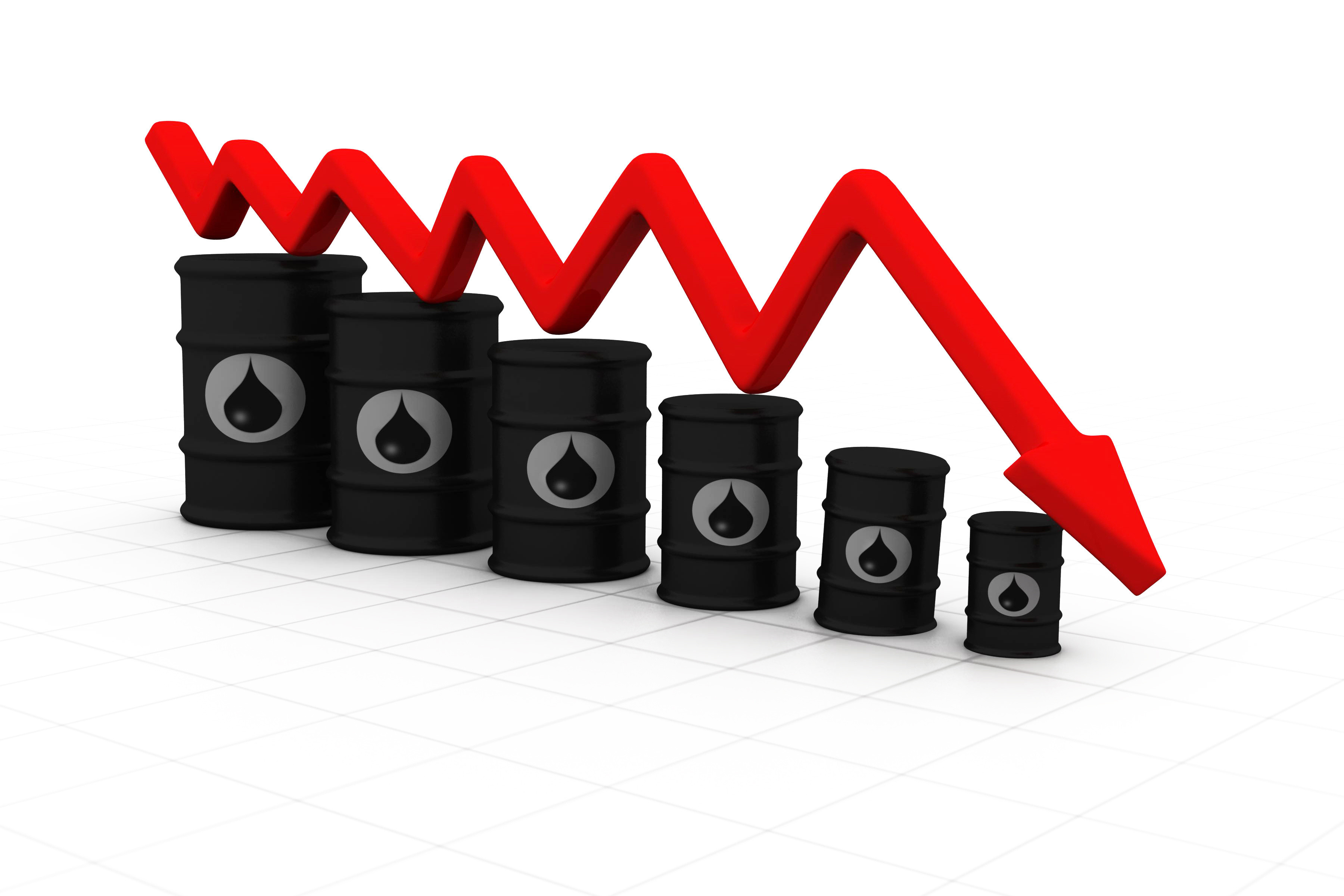 Oil barrels with arrow down. Oil price fall