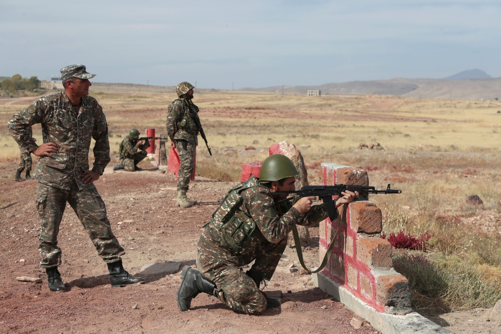 Armenian reservists undergo training at a firing range near Yerevan