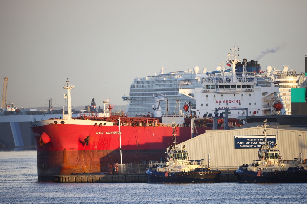 Liberia-flagged oil tanker Nave Andromeda is seen at Southampton Docks, following a security incident aboard the ship the night before off the coast of Isle of Wight, in Southampton